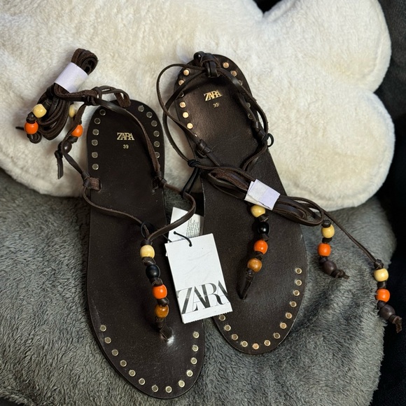 NWT Zara Woman BEADED LACE UP LEATHER SANDALS Shoes Size 8 - Picture 9 of 13